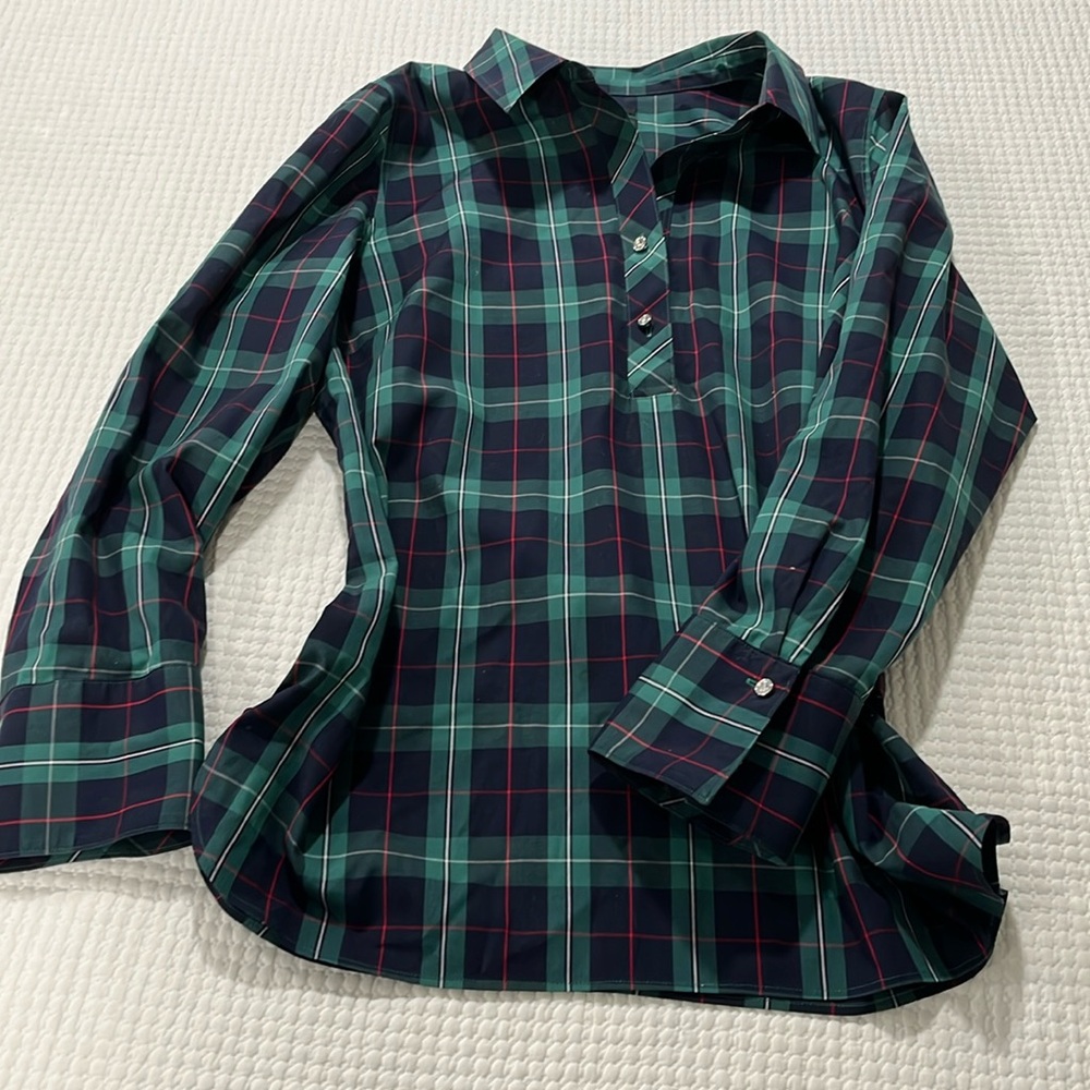 TALBOTS Button Up Womens 14P  Blouse Top Plaid Long Sleeve Non Iron